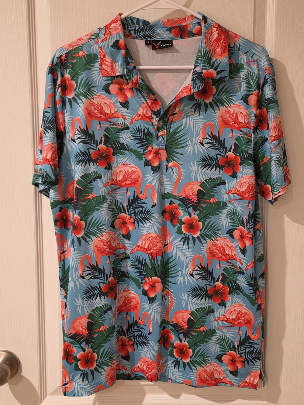 Yatta Golf Vatta Tropical Flamingo Button Polo Shirt Men's Size Small